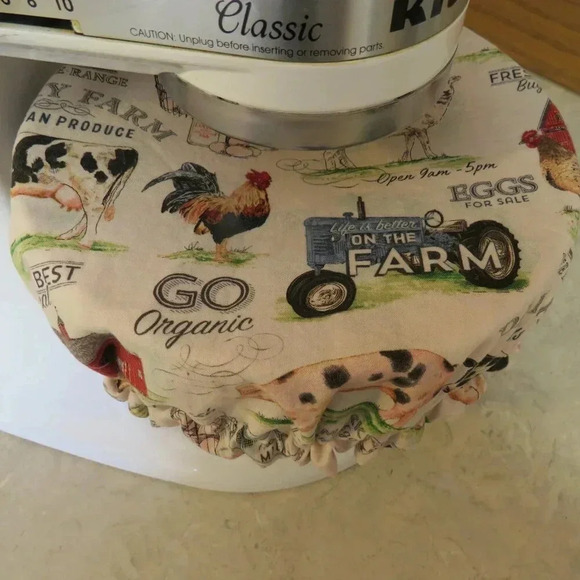 Kitchenaid Bowl Cover Reversible Farm and White and Black Ticking - Picture 1 of 5